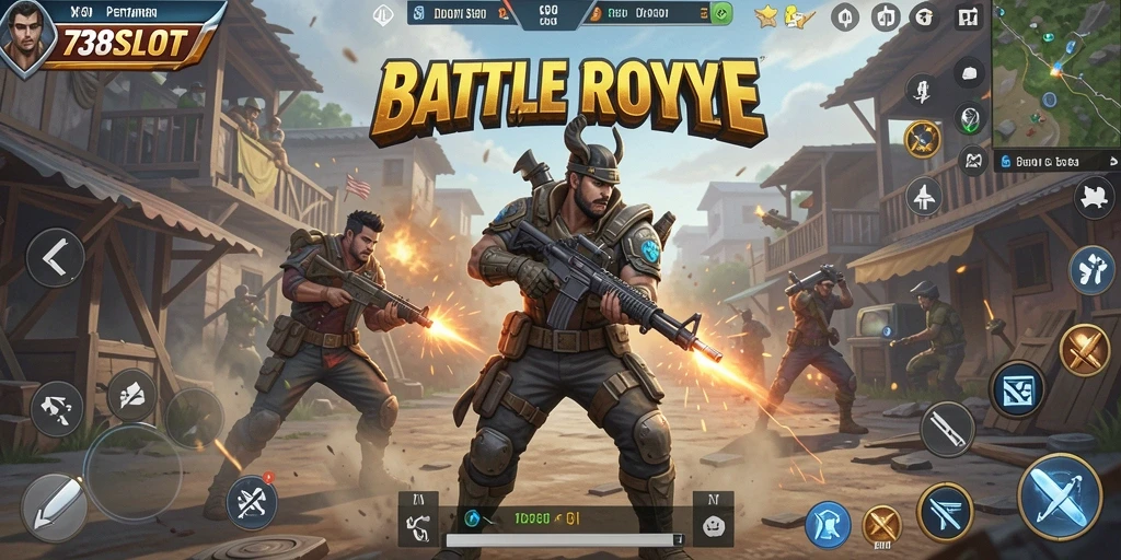 Gambaran aksi intens dalam game Battle Royale 738SLOT.