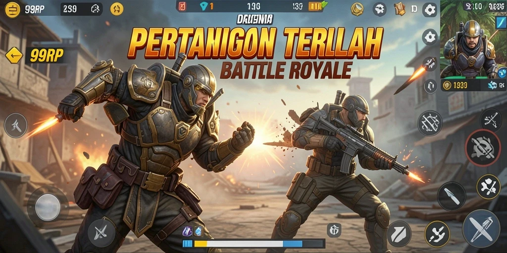 Tangkapan layar 99RP menampilkan aksi intens dalam Battle Royale.