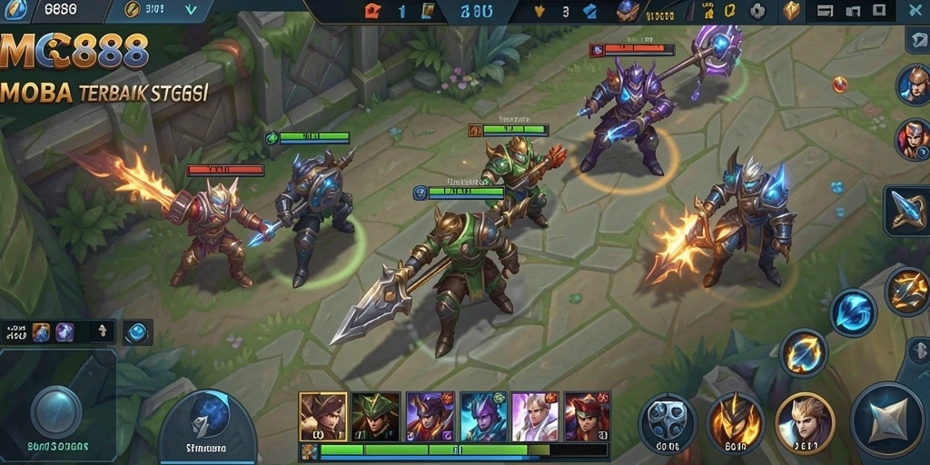 Screenshot utama MC888 menunjukkan aksi intens dalam pertempuran MOBA.