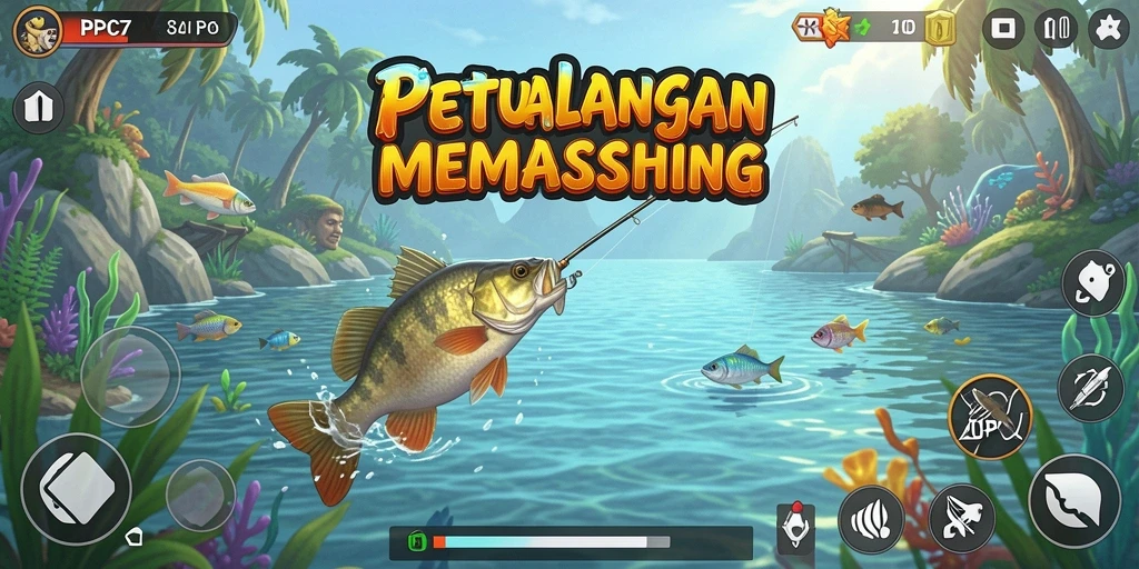 Screenshot gameplay PCPC7 yang menunjukkan aksi memancing yang seru.