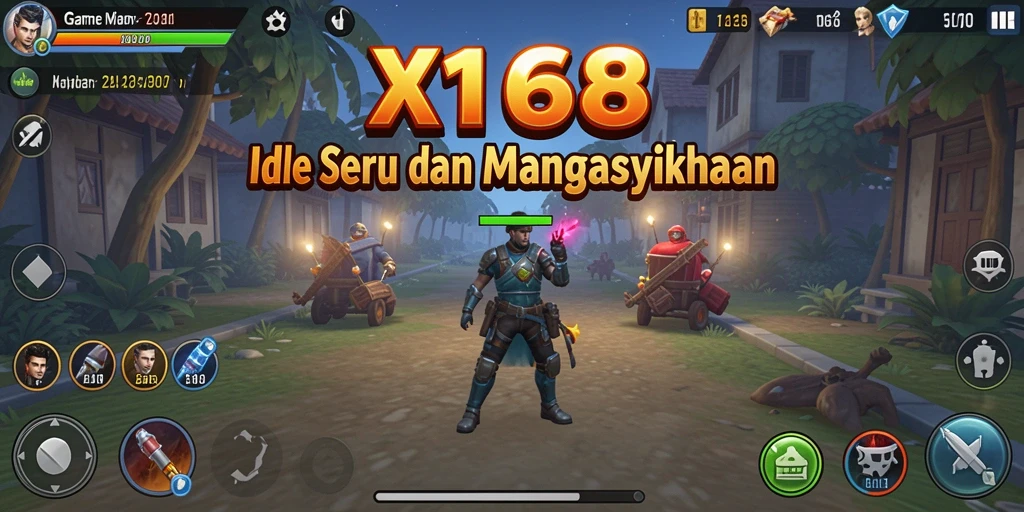 Screenshot gameplay X168 dengan karakter Idle yang bekerja otomatis.